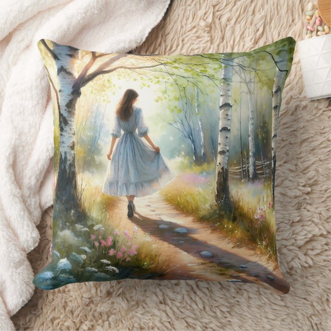 Whimsical Girl Dancing Through Birch Forest Cushion (Blanket)