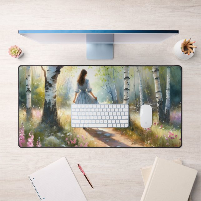 Whimsical Girl Dancing Through Birch Forest Desk Mat (Office 1)