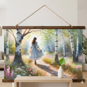 Whimsical Girl Dancing Through Birch Forest Hanging Tapestry
