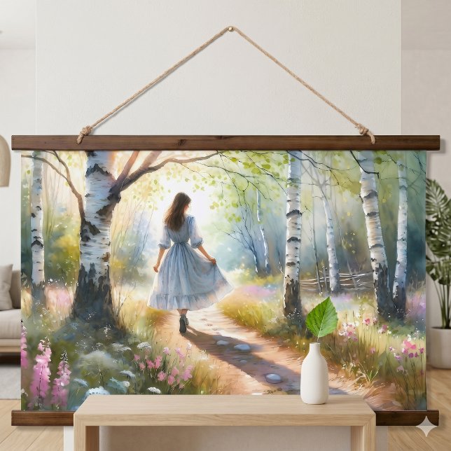 Whimsical Girl Dancing Through Birch Forest Hanging Tapestry (Whimsical Girl Dancing Through Birch Forest Hanging Tapestry)