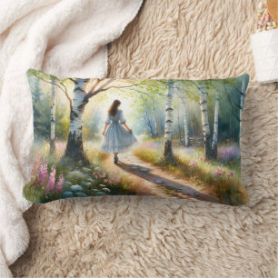 Whimsical Girl Dancing Through Birch Forest Lumbar Cushion