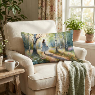 Whimsical Girl Dancing Through Birch Forest Lumbar Cushion