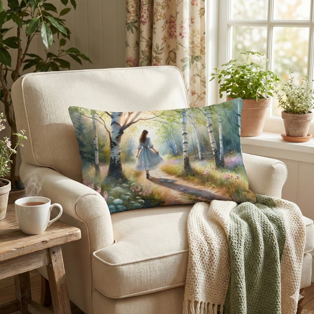 Whimsical Girl Dancing Through Birch Forest Lumbar Cushion (Whimsical Girl Dancing Through Birch Forest Lumbar Pillow Mockup A)