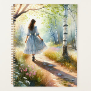 Whimsical Girl Dancing Through Birch Forest Planner
