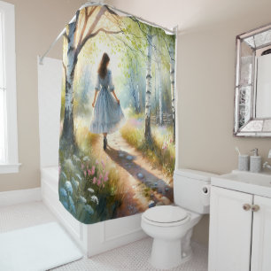 Whimsical Girl Dancing Through Birch Forest Shower Curtain