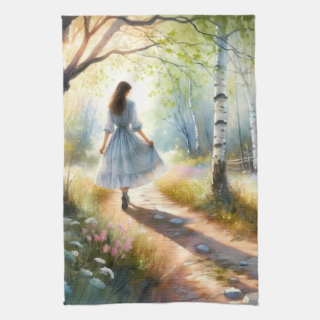 Whimsical Girl Dancing Through Birch Forest Tea Towel (Vertical)