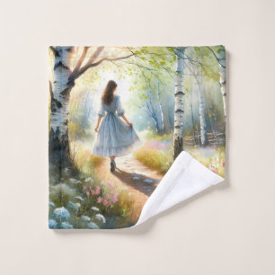 Whimsical Girl Dancing Through Birch Forest Wash Cloth