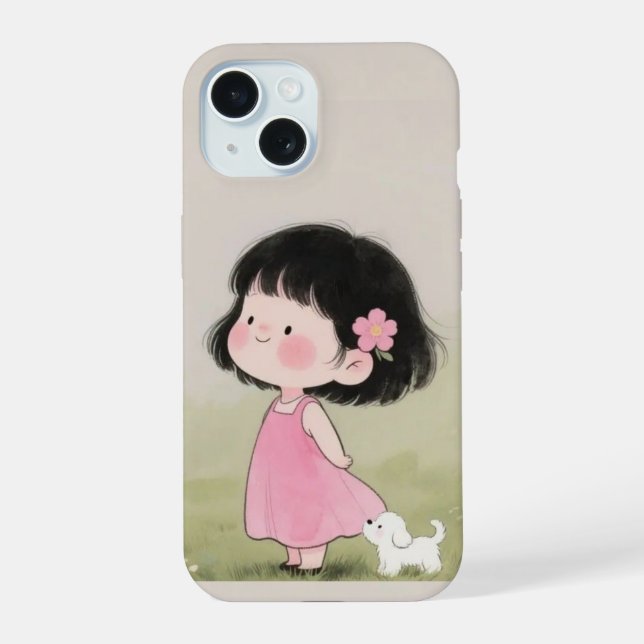 Whimsical Girl & Dog Cartoon Phone Case Design (Back)