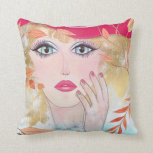 Whimsical Girl Face Hand Colourful Pink Cushion