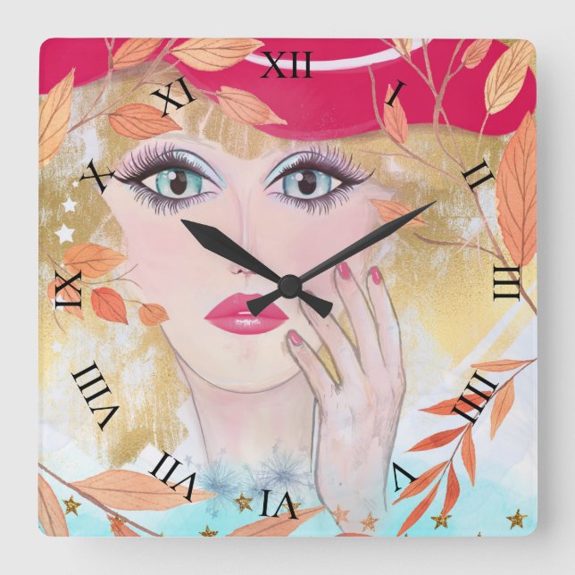 Whimsical Girl Face Hand Leaves Roman Numerals Square Wall Clock (Front)