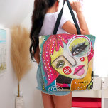 Whimsical Girl Hot Pink Hair Quirky Colourful Fun Tote Bag<br><div class="desc">This colourful mixed media original art piece features a quirky, whimsical girl with bright pink hair on a colourful abstract background of dusty blue and tangerine orange with pink, yellow, and green half circle shapes and black and white stripes and an assortment of doodles. This fun, artsy tote bag is...</div>