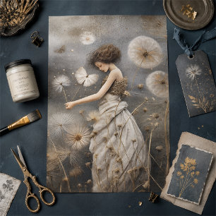 Whimsical Girl In A Field Of Dandelions Decoupage  Tissue Paper