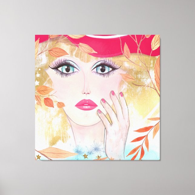 Whimsical Girl in Hat Face Hand Leaves Canvas Print (Front)