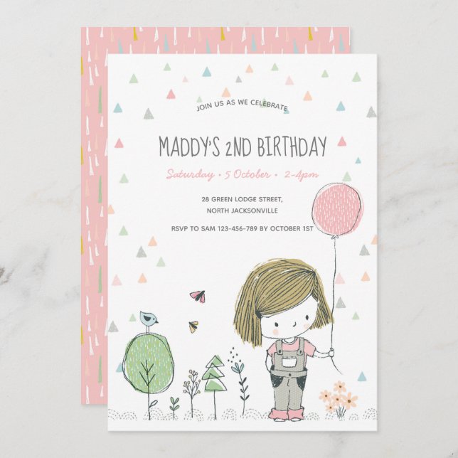 Whimsical Girl Kids Toddlers Birthday Invitation (Front/Back)