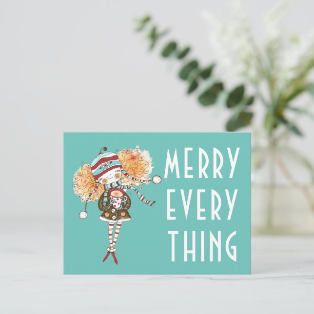 Whimsical Girl Merry Everything  Christmas Card (Standing Front)