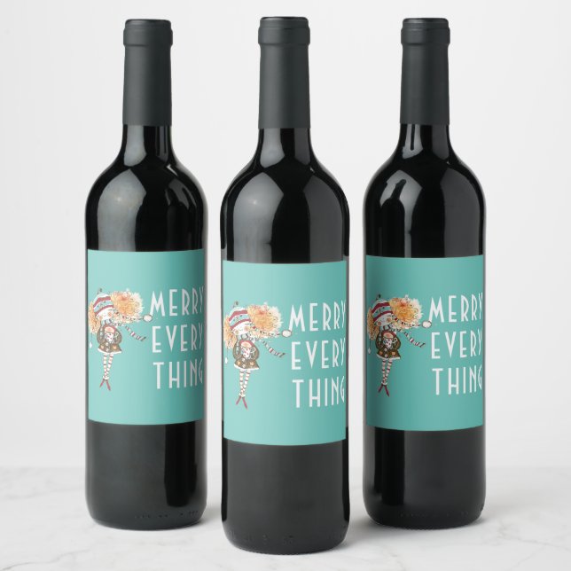 Whimsical Girl Merry Everything  Christmas  Wine Label (Bottles)