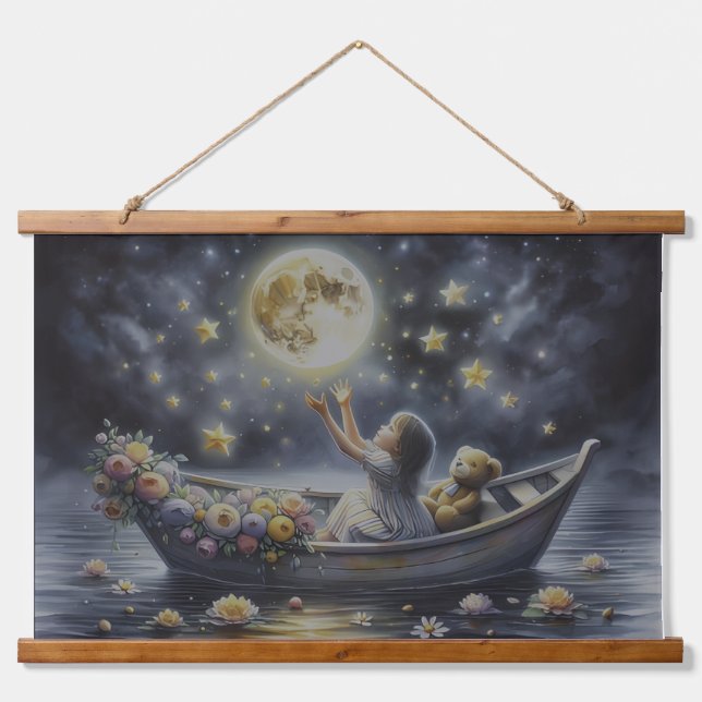 Whimsical Girl Moon Dream Fantasy Scene Hanging Tapestry (Front)