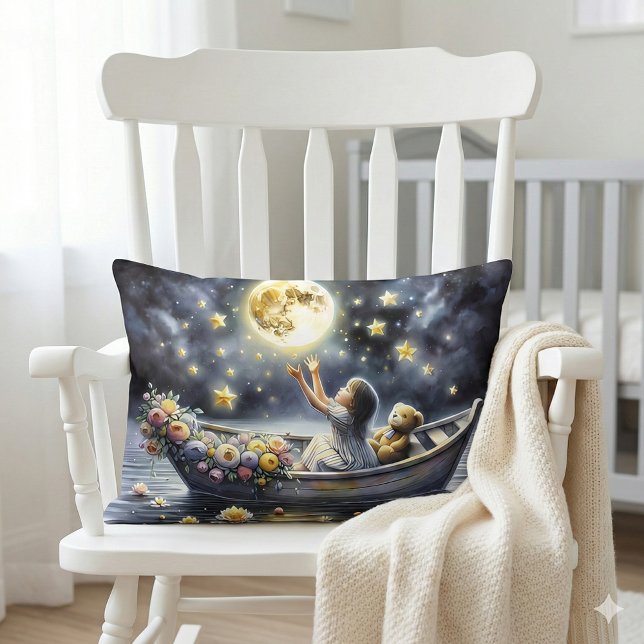 Whimsical Girl Moon Dream Fantasy Scene Lumbar Cushion (Whimsical Girl Moon Dream Fantasy Scene Lumbar Pillow Mockup A.)