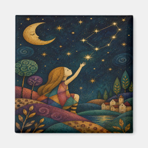 WHIMSICAL GIRL REACHING FOR STARS MAGNET