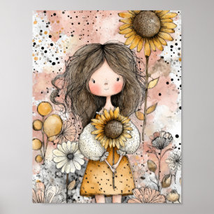 Whimsical Girl Watercolor with Floral Accents (11) Poster