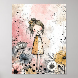 Whimsical Girl Watercolor with Floral Accents (1) Poster