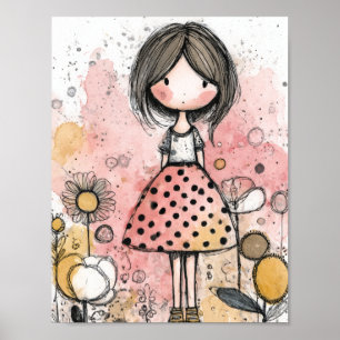 Whimsical Girl Watercolor with Floral Accents (2) Poster