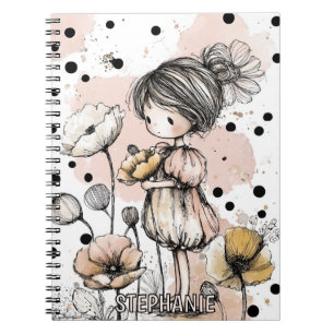 Whimsical Girl Watercolor with Floral Accents (5) Notebook