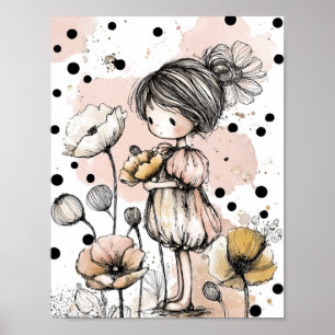 Whimsical Girl Watercolor with Floral Accents (5) Poster
