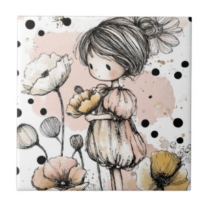 Whimsical Girl Watercolor with Floral Accents (5) Tile