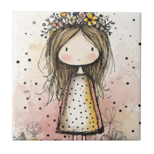 Whimsical Girl Watercolor with Floral Accents (6) Tile
