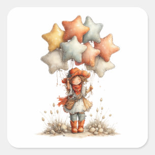 Whimsical Girl with Balloons Cottagecore Fantasy  Square Sticker