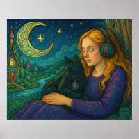Whimsical Girl with Black Cat Under Crescent Moon