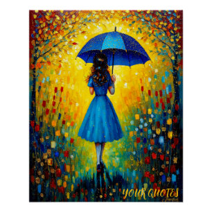 Whimsical Girl with Blue Umbrella Poster