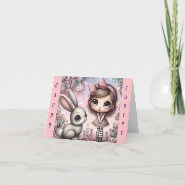 Whimsical Girl with Bunny Easter Card (Front)