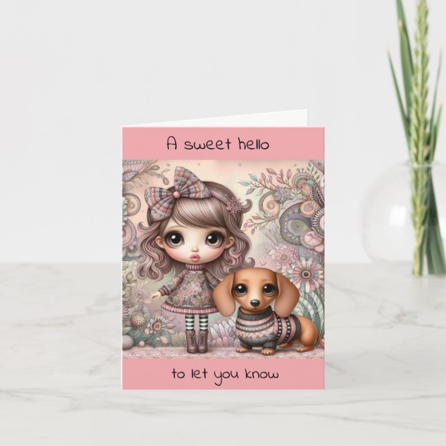Whimsical Girl with Dachshund Card (Front)