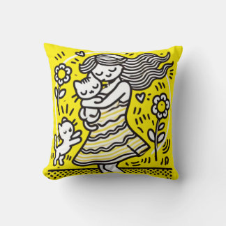 "Whimsical Girl with Kitten Cushion