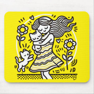 Whimsical Girl with Kitten Mouse Pad