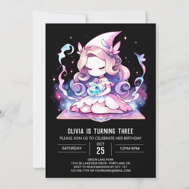 Whimsical Girl Wizard Birthday Invitation (Front)