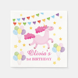 Whimsical Girls first Cute Pink Unicorn Birthday  Napkin