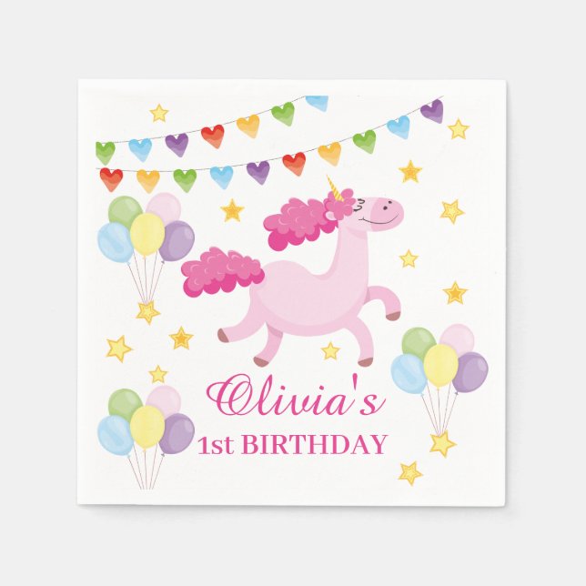 Whimsical Girls first Cute Pink Unicorn Birthday  Napkin (Front)