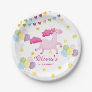 Whimsical Girls first Cute Pink Unicorn Birthday  Paper Plate