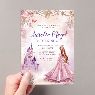 Whimsical Girls Princess Pink and Gold Birthday Acrylic Invitations