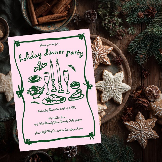 Whimsical Girly Christmas Holiday Dinner Party Invitation (Whimsical Doodle Sketch Girly Christmas Holiday Dinner Party Invitation Pink Green
)