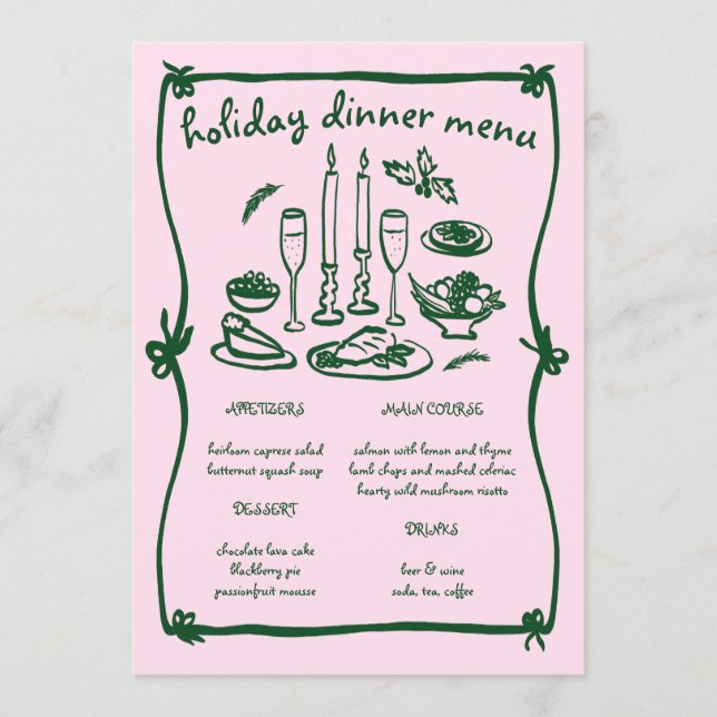 Whimsical Girly Christmas Holiday Dinner Party Menu (Front)
