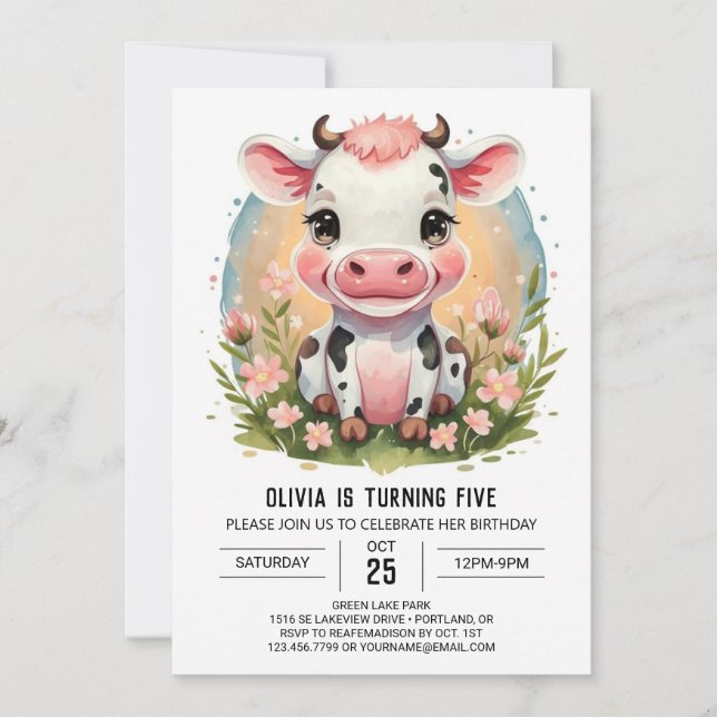 Whimsical Girly Pink Cow Birthday Invitation (Front)
