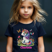Whimsical glitter flower unicorn black T-Shirt