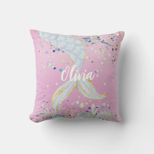 Whimsical Glitter Mermaid Beachy Under the Sea Cushion