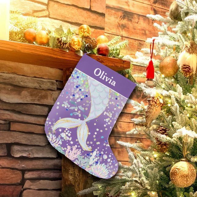 Whimsical Glitter Mermaid Beachy Under the Sea  Large Christmas Stocking (Creator Uploaded)