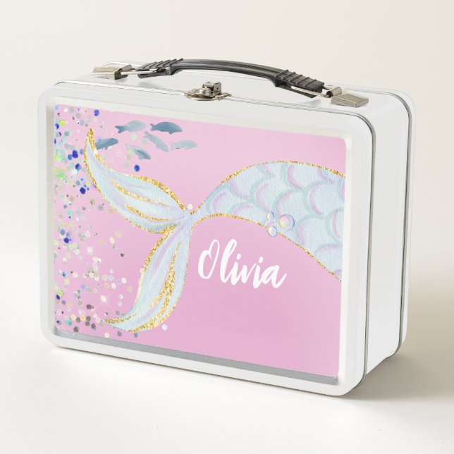 Whimsical Glitter Mermaid Beachy Under the Sea  Metal Lunch Box (Front)
