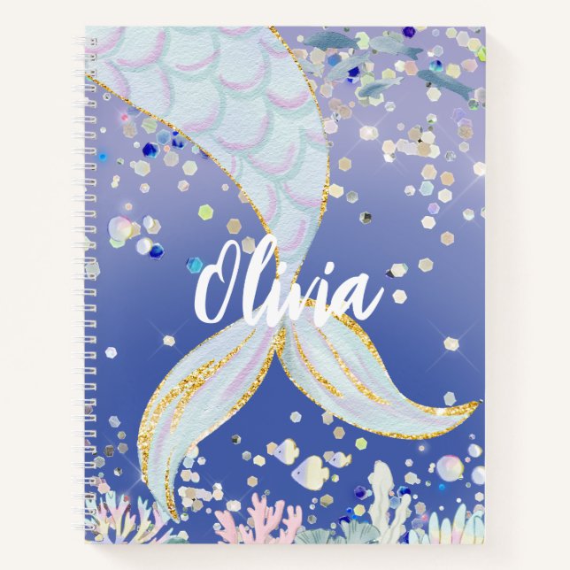 Whimsical Glitter Mermaid Beachy Under the Sea  Notebook (Front)